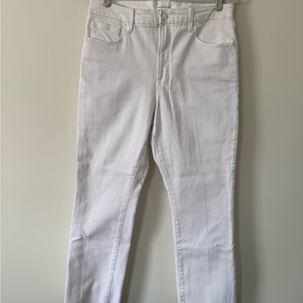 Good American White Straight Leg Jeans Women’s 12 / 31 Raw Hem High Rise Denim